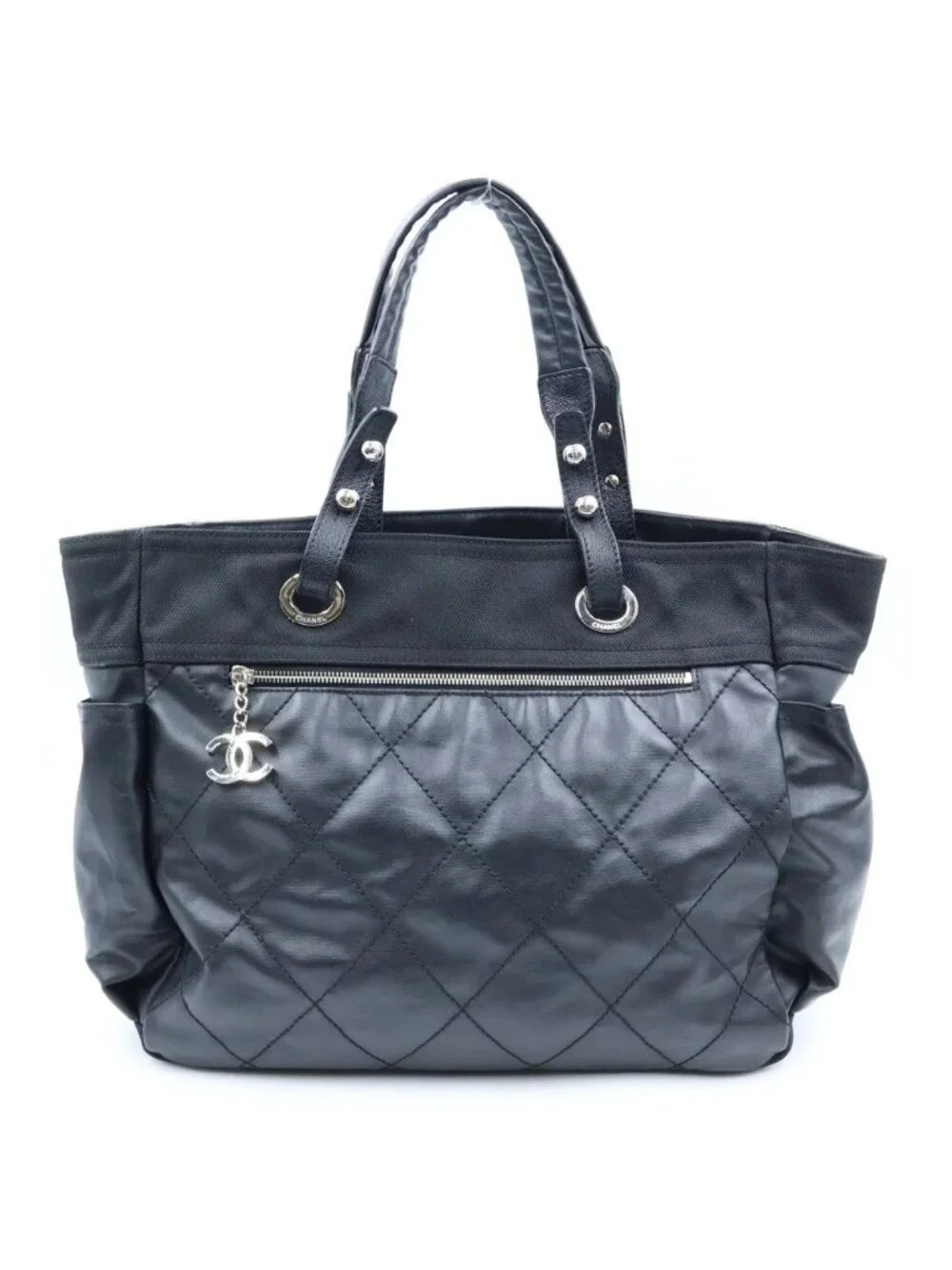 Chanel Paris Biarritz Tote Bag Black Leather Mesh 40 Silver